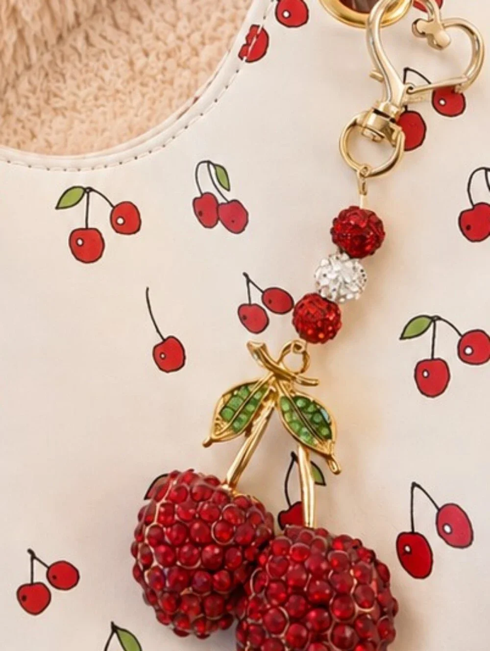 NWT Pin Up Style Red White Cherry Print Purse + Handmade Keychain Size 9 Inches